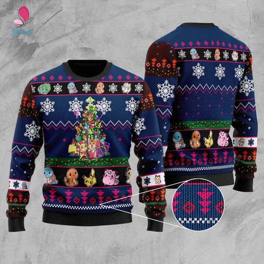 Pika Charmander Bulbasaur Squirtle Gift Christmas Sweater | Pika Ugly Christmas Sweatshirt - Image 3