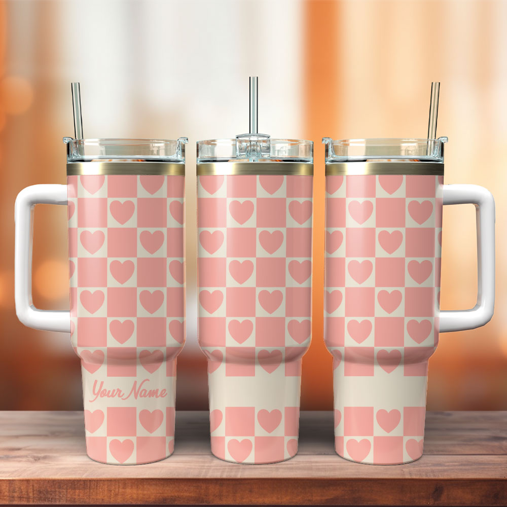 Pink Checkerboard Hearts Artwork Custom Stanley Cup 40 oz 30 oz Tumbler With HandleTVC2301241
