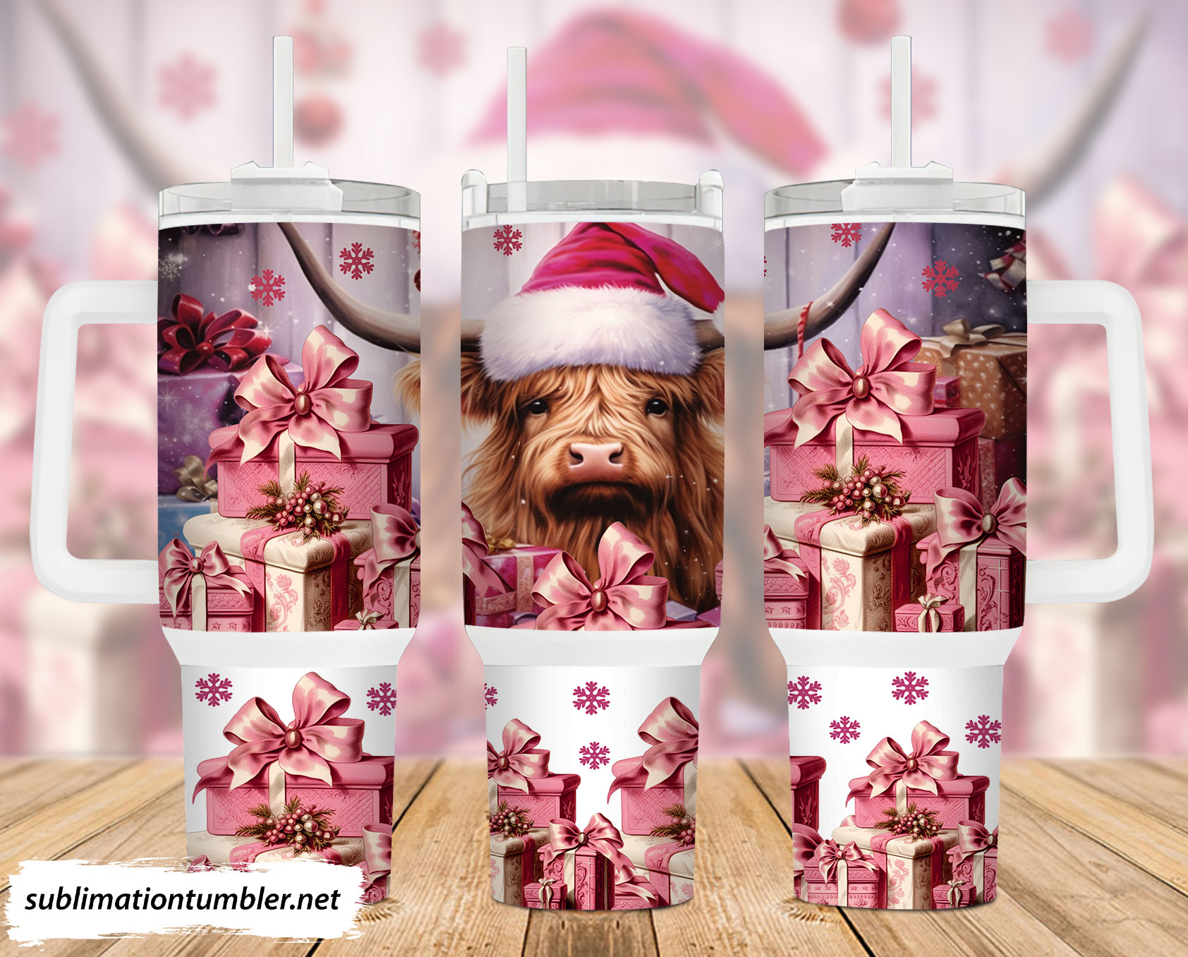 Pink Chrismtas Highland Cow Custom Stanley Cup 40 oz 30 oz Tumbler With HandleTVC2301902