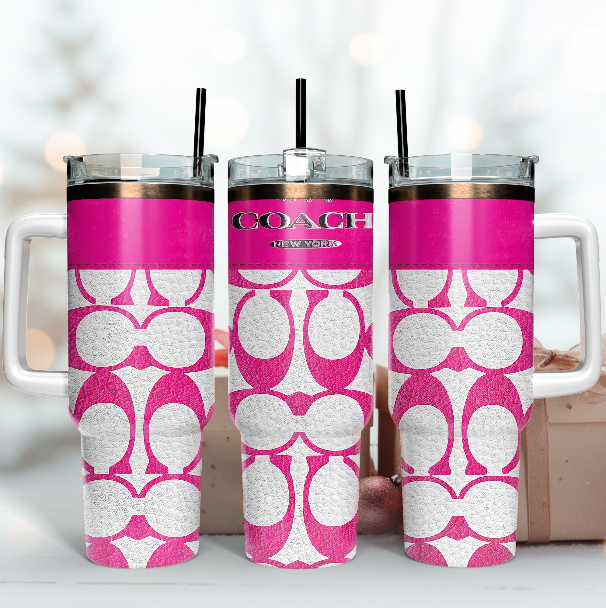 Pink Coach Logo Leather Pattern Custom Stanley Cup 40 oz 30 oz Tumbler With HandleTVC2301172