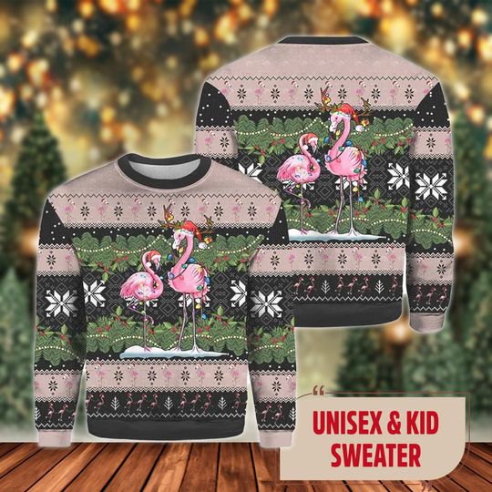 Pink Flamingo Christmas Ugly Sweater, Flamingo Xmas Ugly Sweater - Image 10