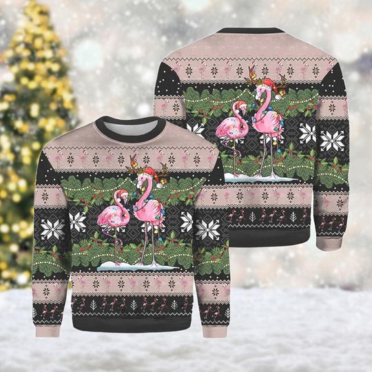 Pink Flamingo Christmas Ugly Sweater, Flamingo Xmas Ugly Sweater - Image 9