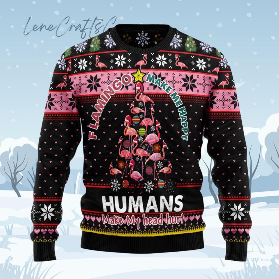 Pink Flamingo Holiday Sweater, Cute Flamingo Xmas Sweater, Wildlife Bird Ugly Christmas - Image 3
