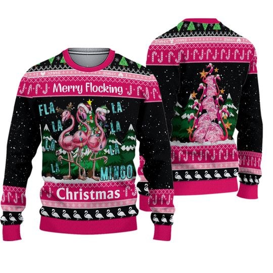 Pink Flamingo Merry Flocking Ugly Sweater, Funny Flamingo Christmas Sweatshirt - Image 4
