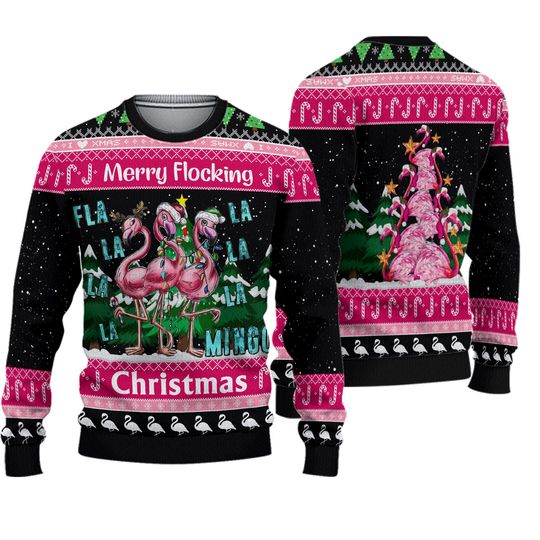 Pink Flamingo Ugly All Over Print Sweater, Funny Flamingo Christmas Sweater - Image 2