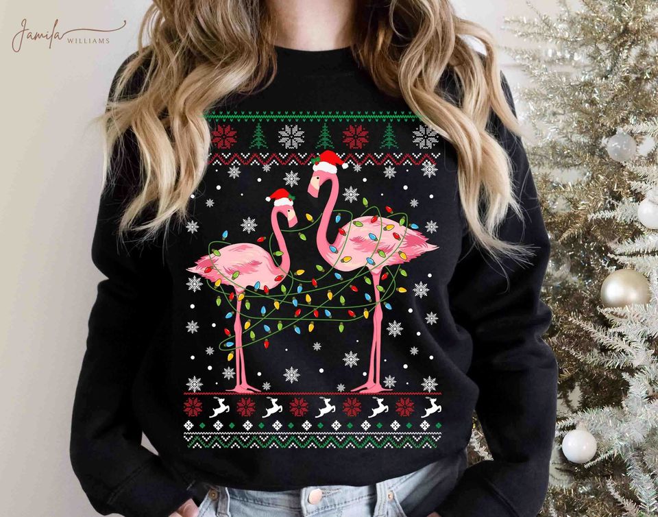 Pink Flamingo Ugly Christmas Sweatshirt, Flamingo Christmas