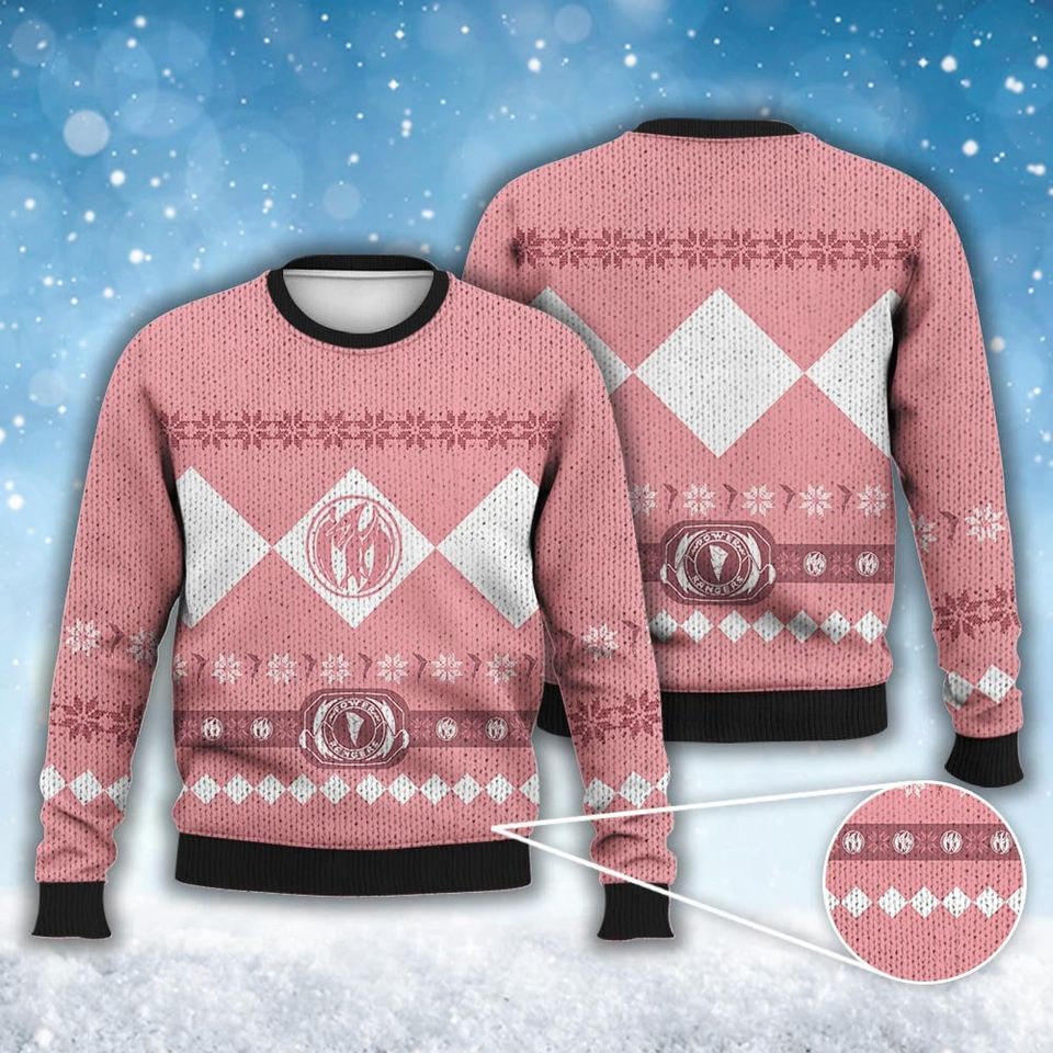 Pink Ranger Ugly Christmas Sweater, PWR Christmas Ugly Sweater
