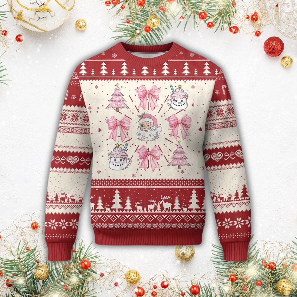 Pink Santa Coquette Bow Ugly Sweater, Santa Christmas Sweater, Cute Christmas