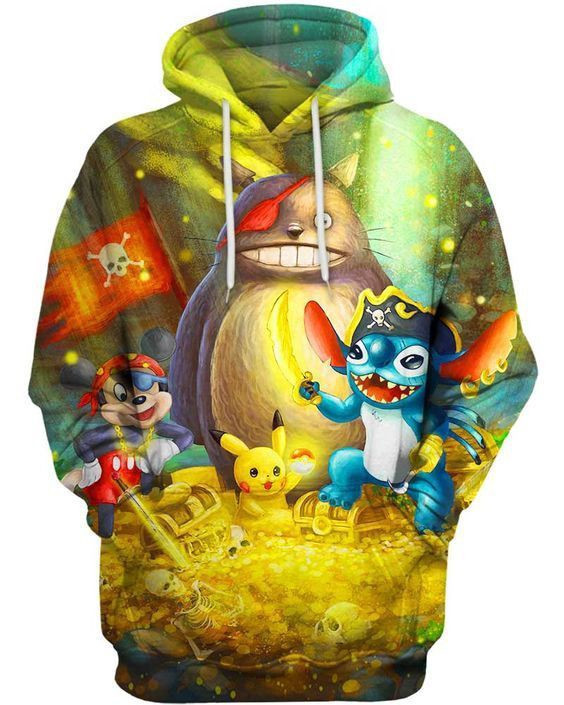 Pirates Totoro Mickey Pikachu Stitch 3D All Over Print Hoodie, Zip Hoodie