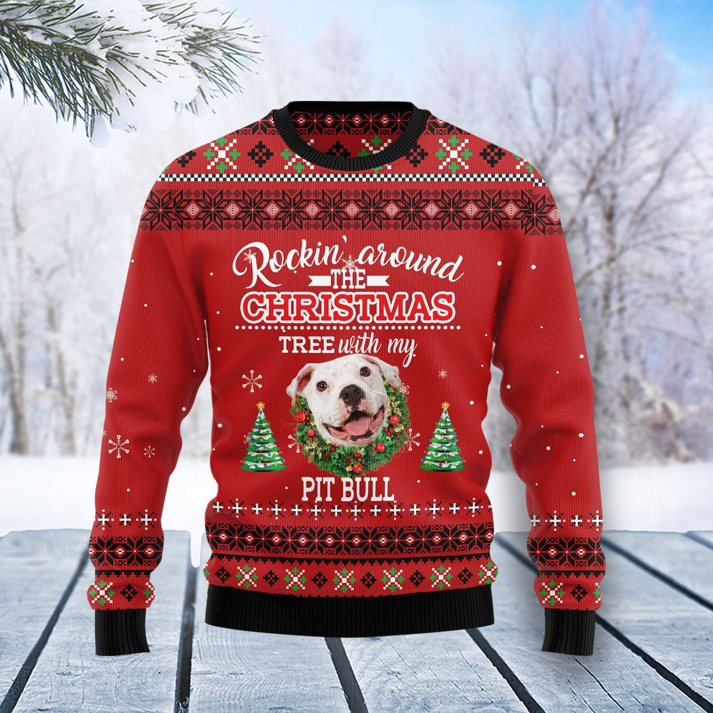 Pitbull Rockin Ugly Christmas Sweater Adult 3D Funny Matching for family