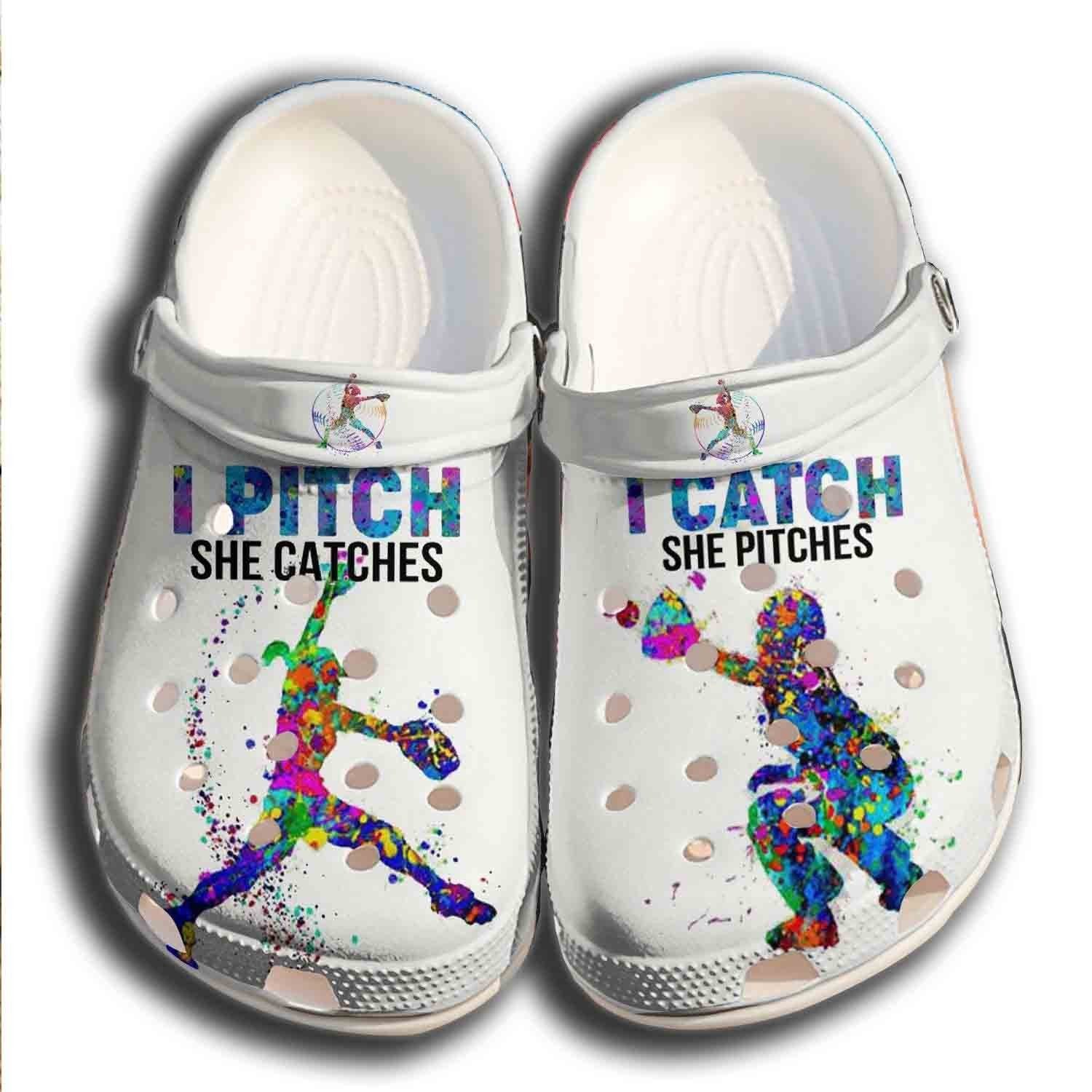 Pitch And Catch Shoes Clogs For Batter Girl - Funny Baseball Shoes Clogs Gift