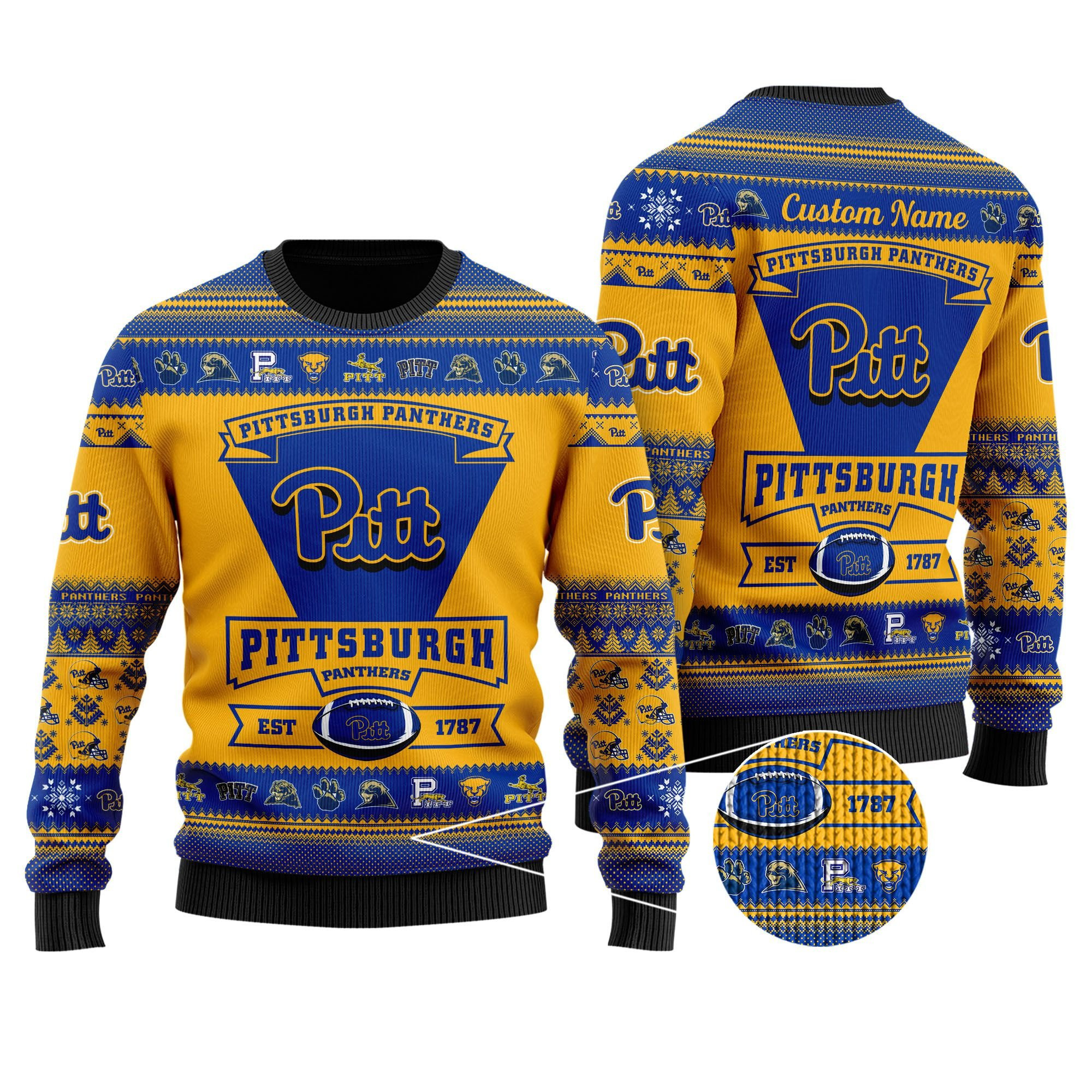 Pittsburgh Panthers Football Team Logo Custom Name Personalized Ugly Christmas Sweater Adult 3D Funny Matching for family