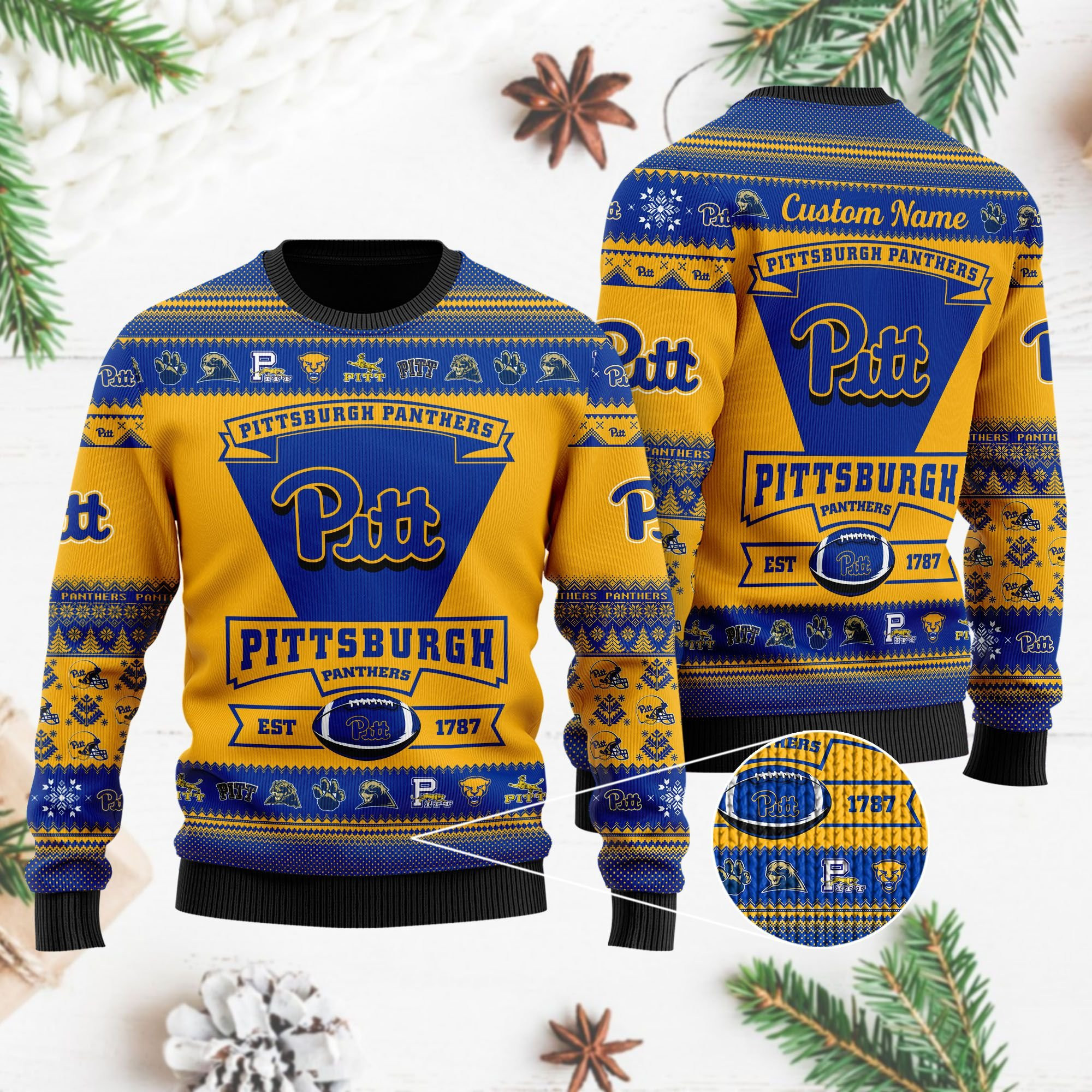 Pittsburgh Panthers Football Team Logo Custom Name Personalized Ugly Christmas Sweater Adult 3D Funny Matching for family - Image 4