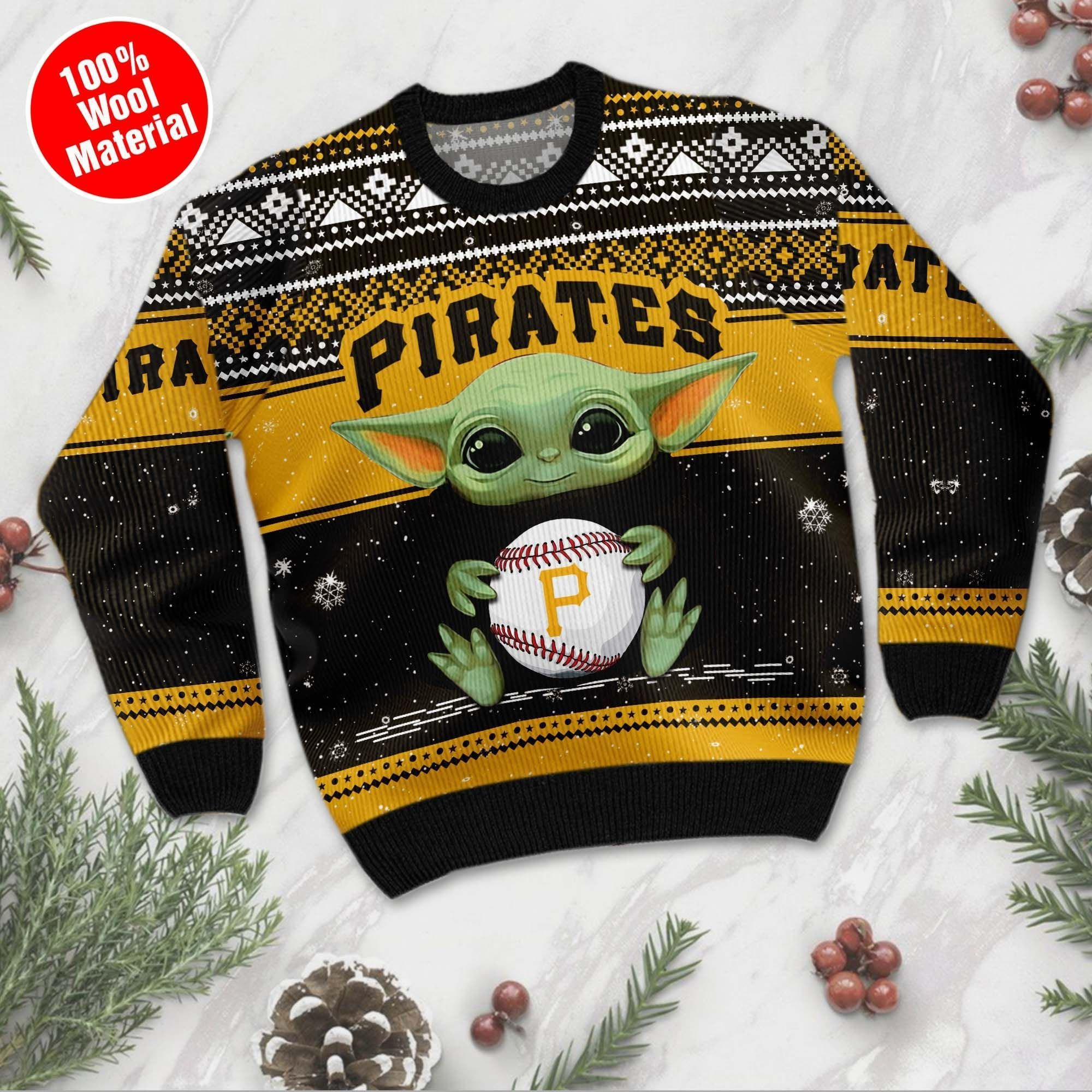 Pittsburgh Pirates Grogu Baby Yoda Hug Logo Ugly Christmas Sweater Adult 3D Funny Matching for family - Image 5