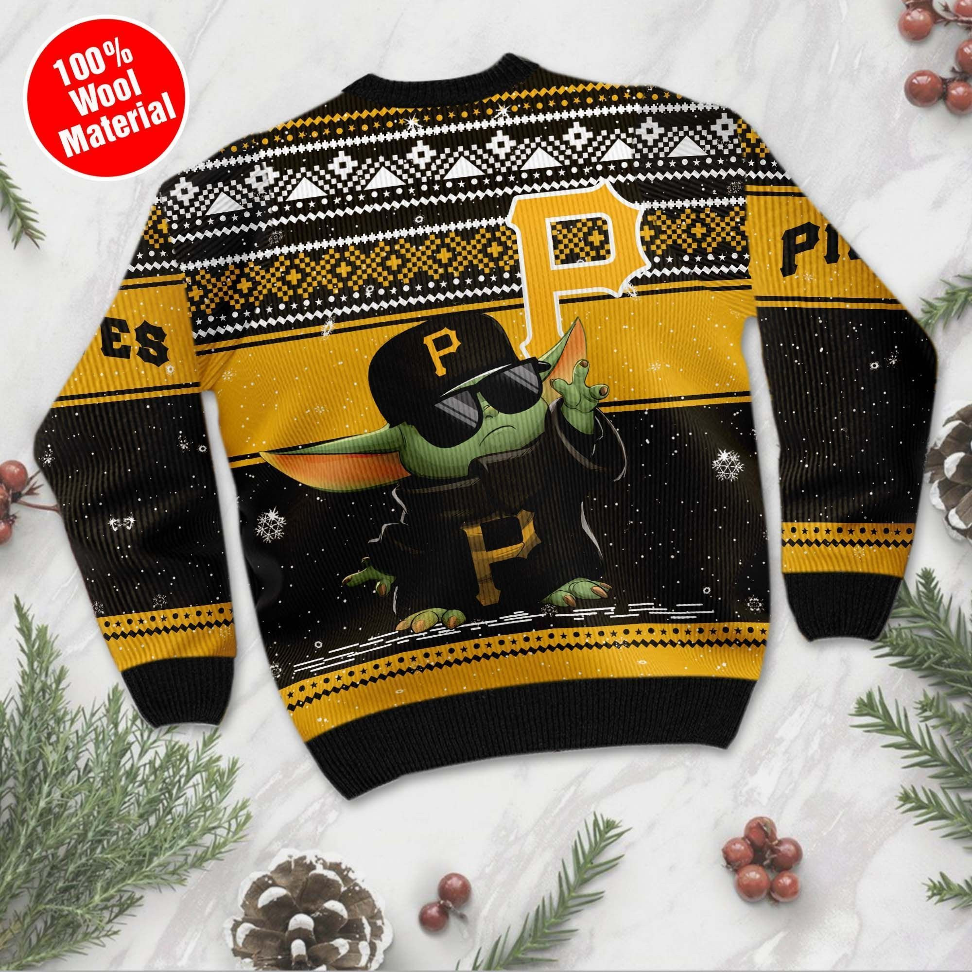 Pittsburgh Pirates Grogu Baby Yoda Hug Logo Ugly Christmas Sweater Adult 3D Funny Matching for family - Image 2