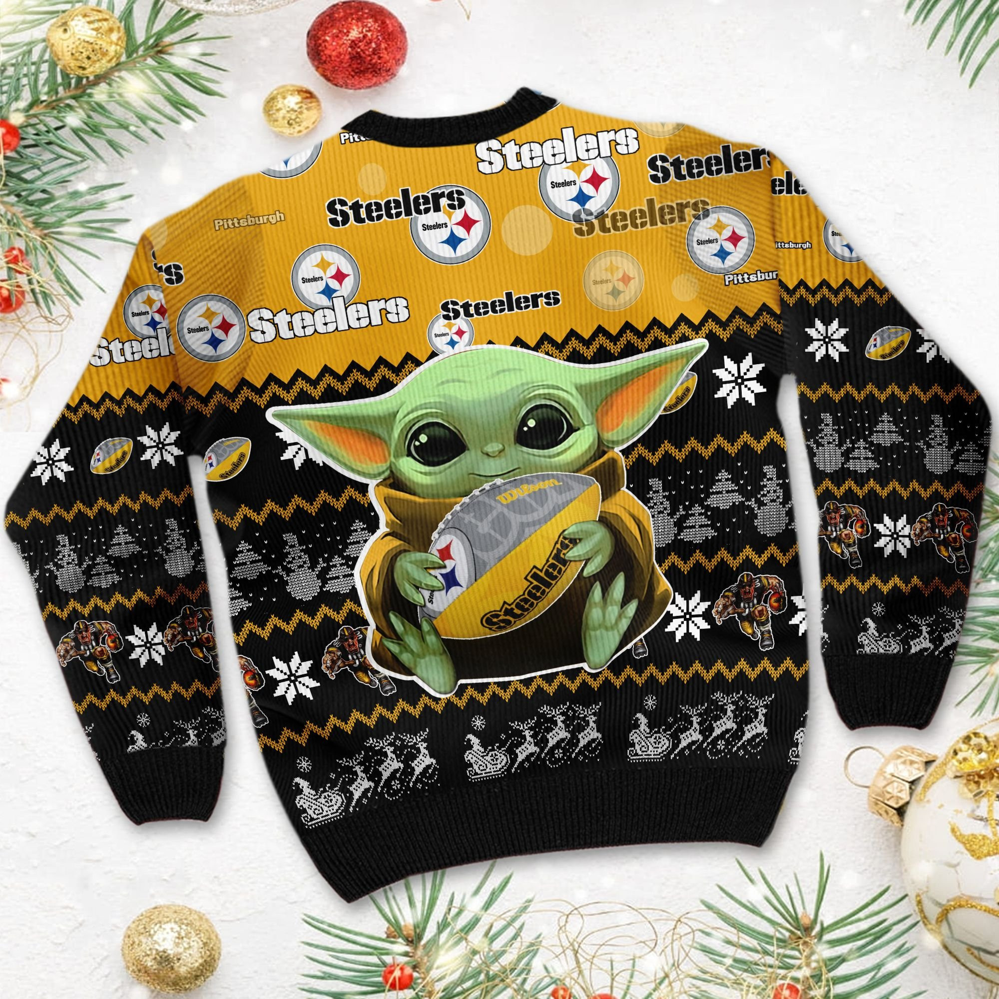 Pittsburgh Steelers Baby Yoda Shirt For American Football Fans Ugly Christmas Sweater Adult 3D Funny Matching for family - Image 4