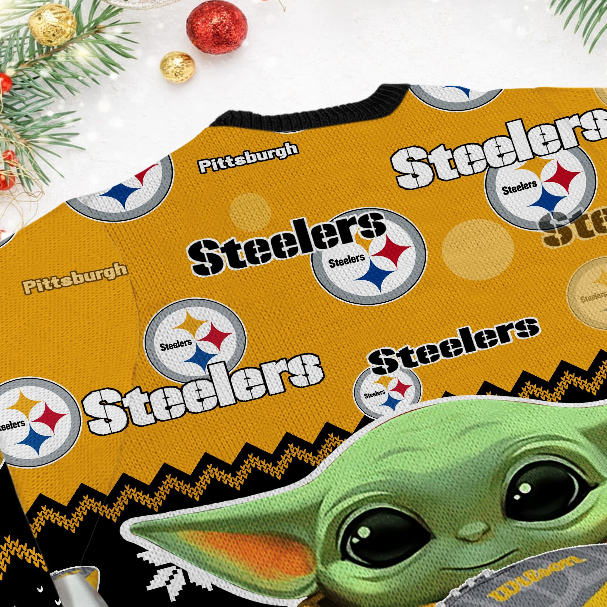 Pittsburgh Steelers Baby Yoda Shirt For American Football Fans Ugly Christmas Sweater Adult 3D Funny Matching for family - Image 6