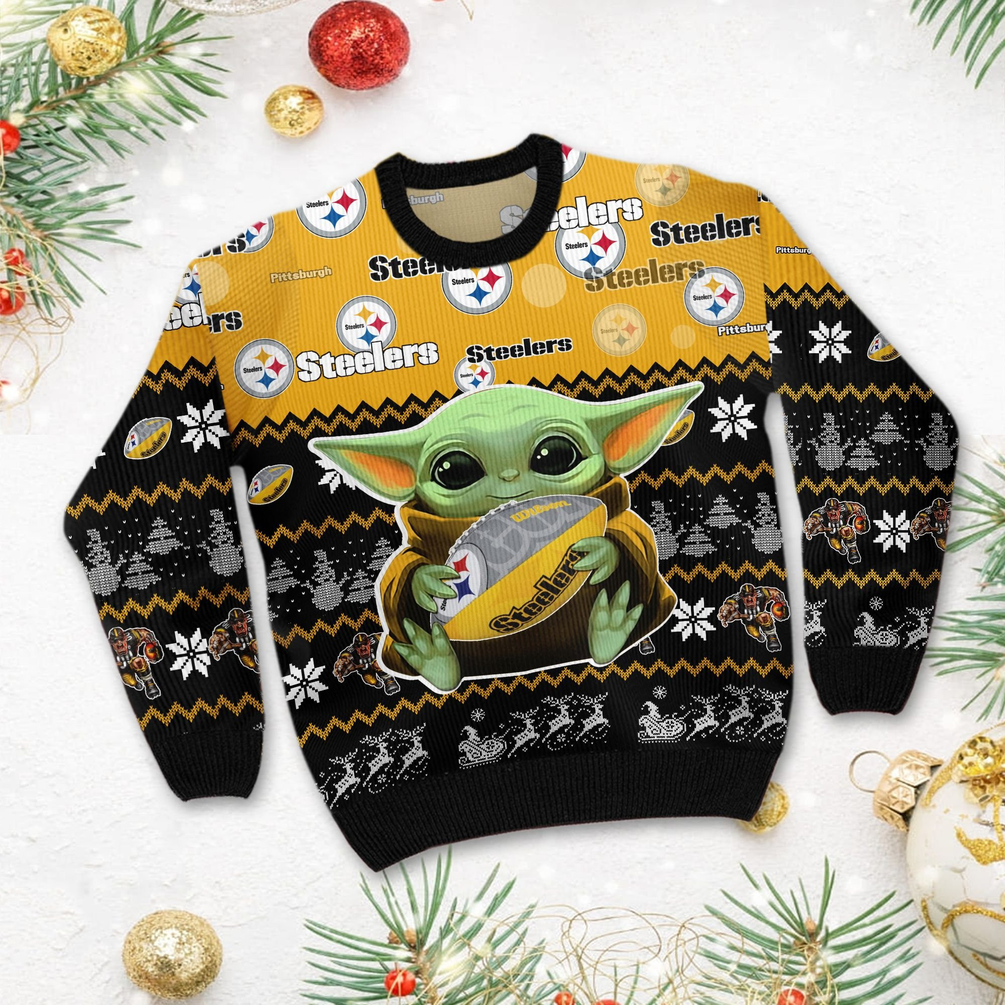 Pittsburgh Steelers Baby Yoda Shirt For American Football Fans Ugly Christmas Sweater Adult 3D Funny Matching for family - Image 3