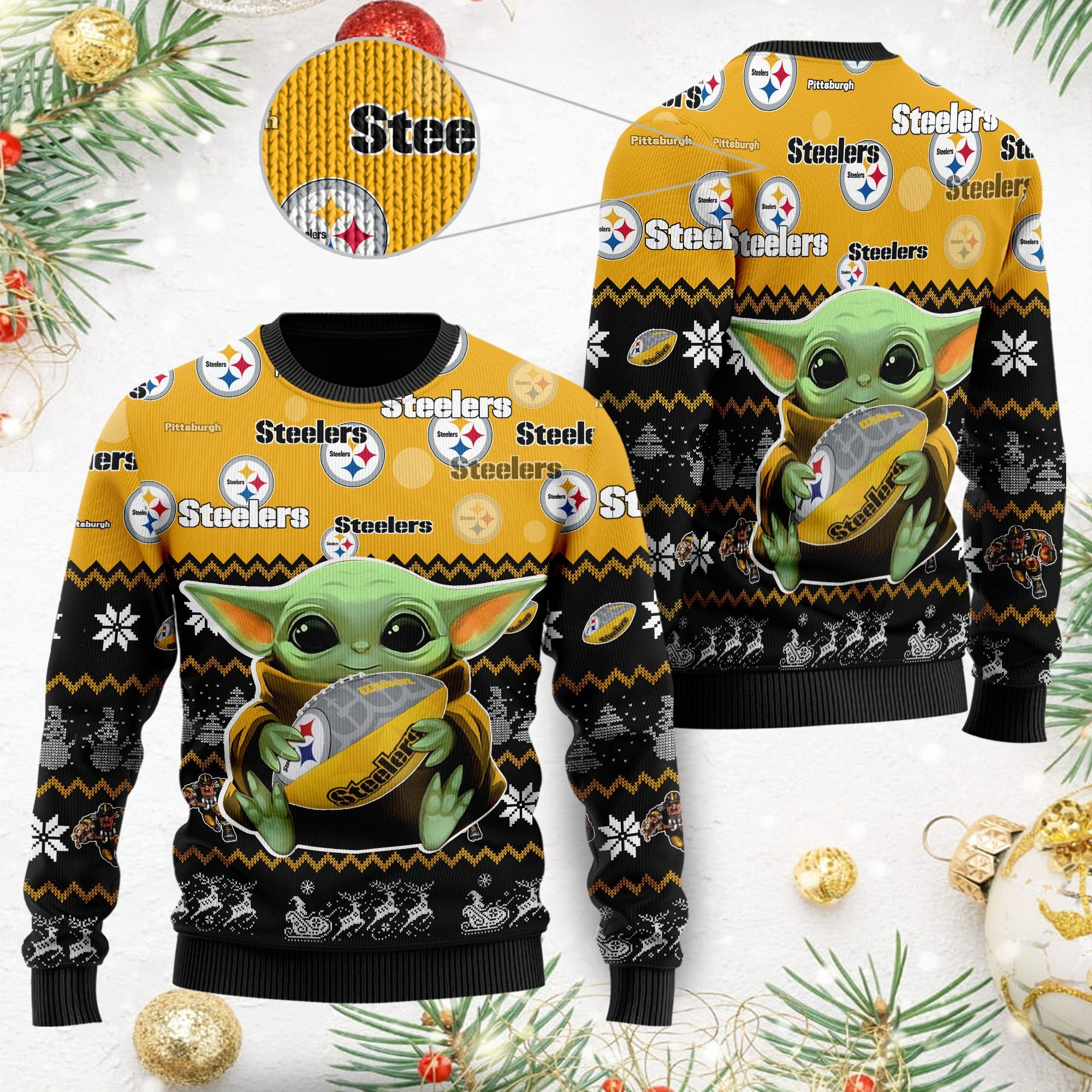Pittsburgh Steelers Baby Yoda Shirt For American Football Fans Ugly Christmas Sweater Adult 3D Funny Matching for family