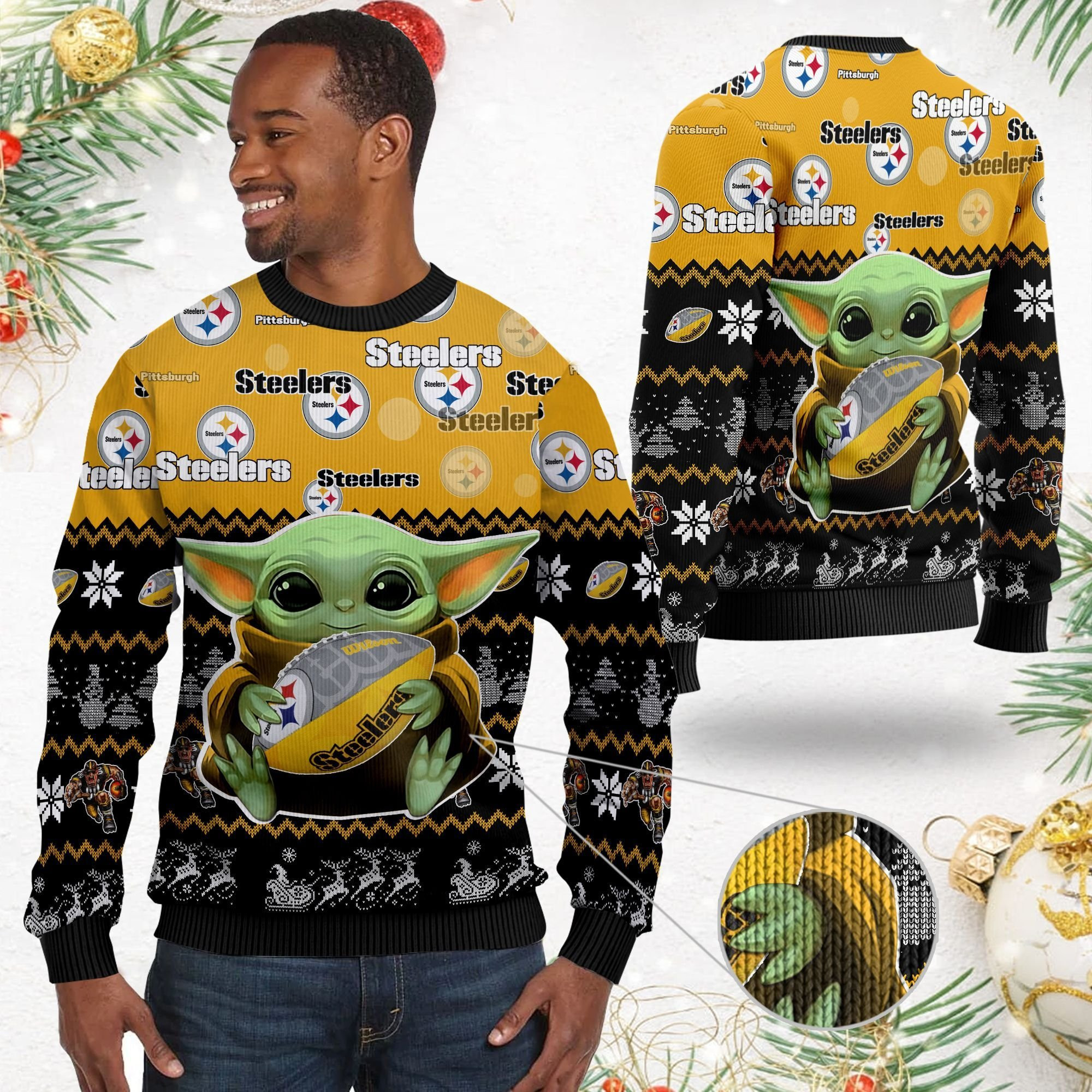 Pittsburgh Steelers Baby Yoda Ugly Christmas Sweater Adult 3D Funny Matching for family - Image 2