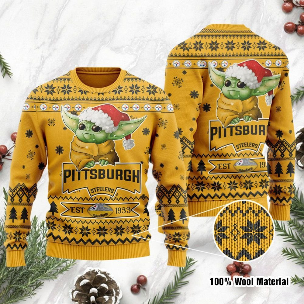 Pittsburgh Steelers Cute Baby Yoda Grogu Holiday Party Ugly Christmas Sweater Adult 3D Funny Matching for family