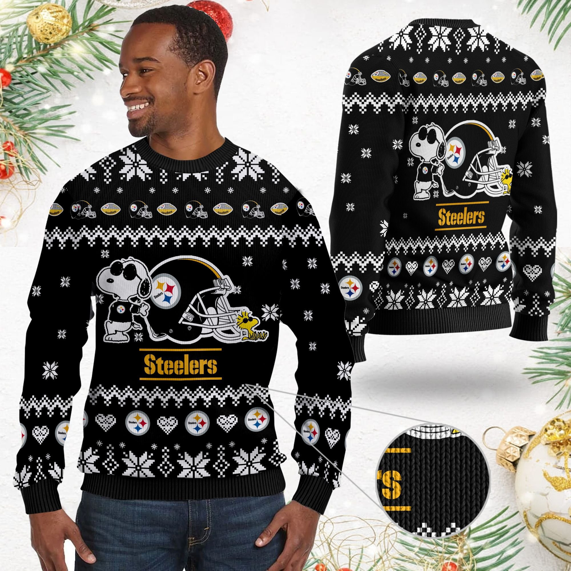 Pittsburgh Steelers Cute The Snoopy Show Football Helmet 3D Ugly Christmas Sweater Adult 3D Funny Matching for family - Image 2