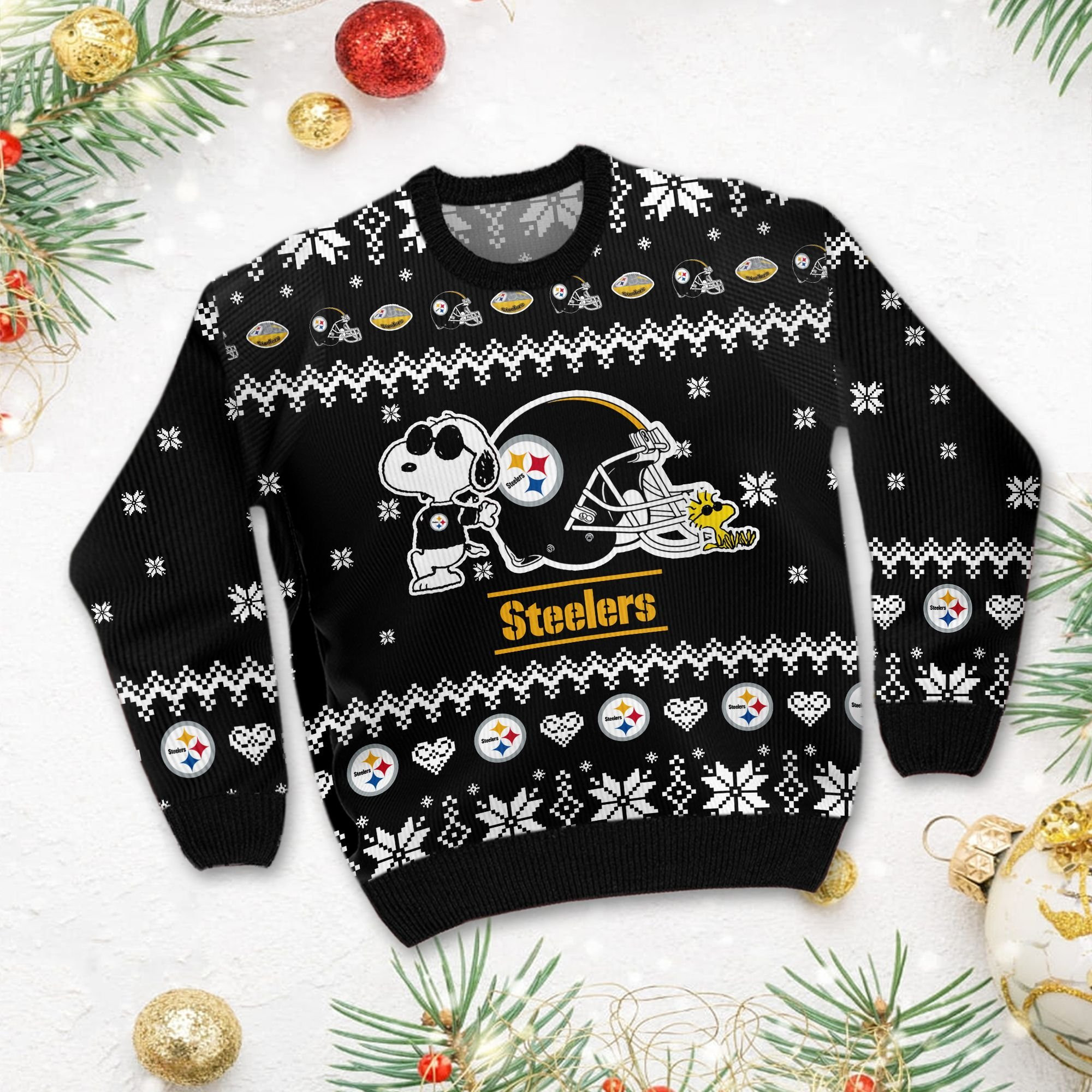 Pittsburgh Steelers Cute The Snoopy Show Football Helmet 3D Ugly Christmas Sweater Adult 3D Funny Matching for family - Image 3