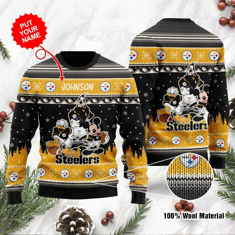 Pittsburgh Steelers Disney Donald Duck Mickey Mouse Goofy Personalized Ugly Christmas Sweater Adult 3D Funny Matching for family