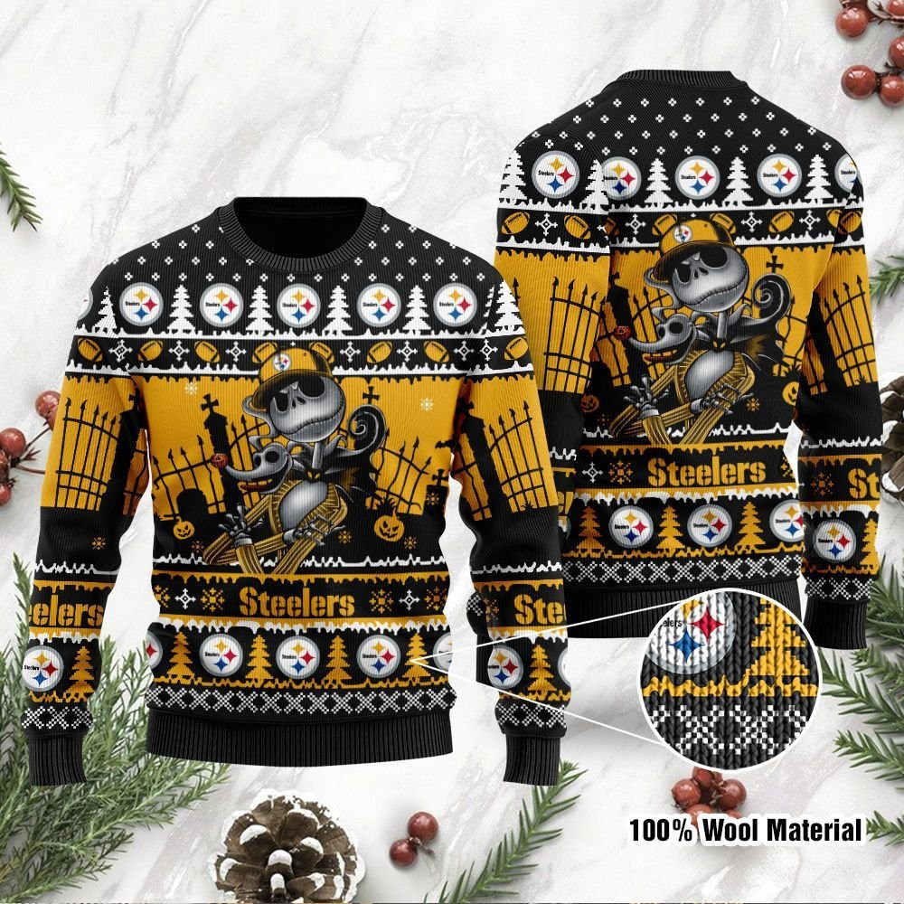 Pittsburgh Steelers Jack Skellington Halloween Holiday Party Ugly Christmas Sweater Adult 3D Funny Matching for family