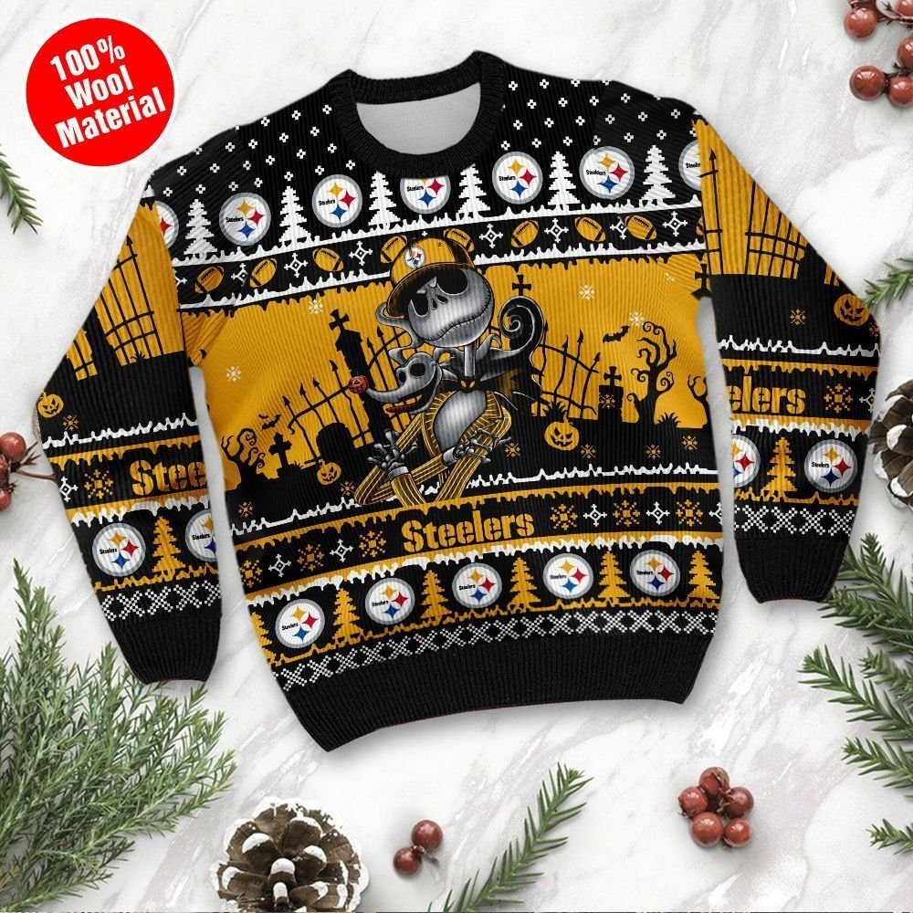 Pittsburgh Steelers Jack Skellington Halloween Ugly Christmas Sweater Adult 3D Funny Matching for family