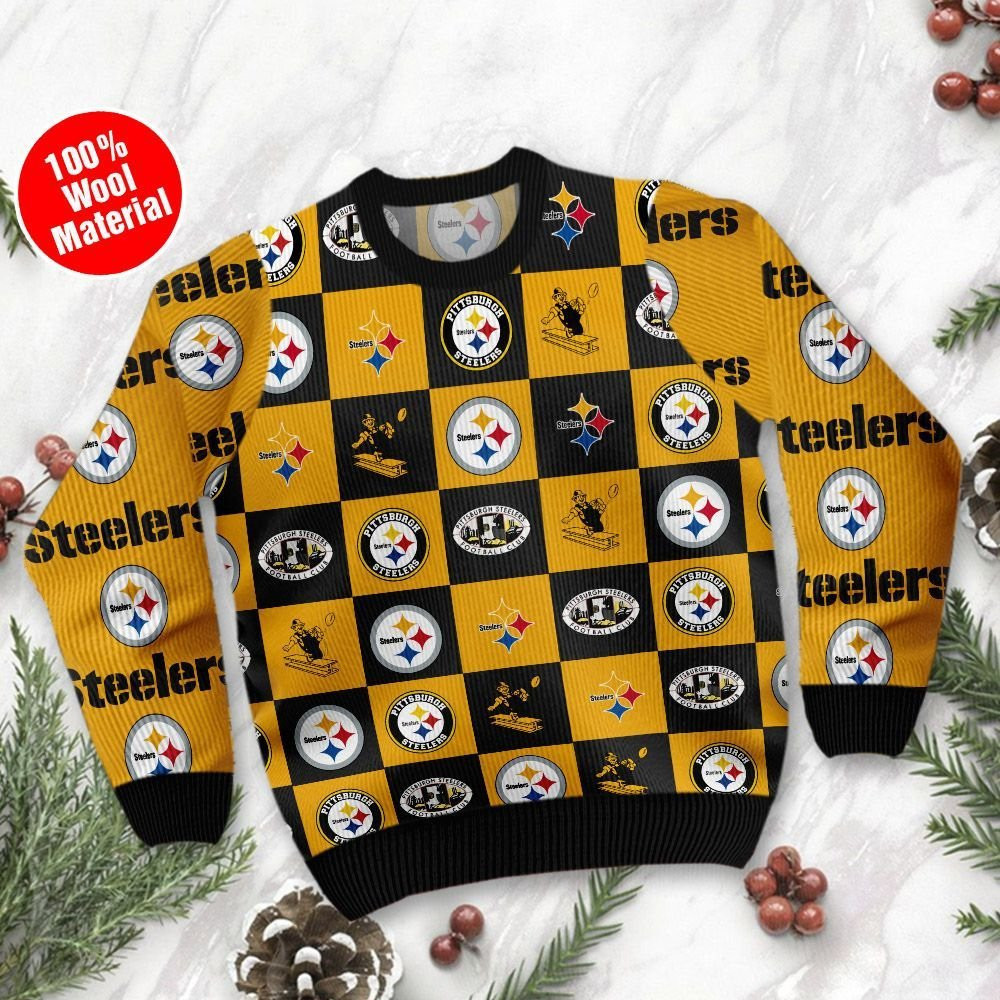Pittsburgh Steelers Logo Checkered Flannel Ugly Christmas Sweater Adult 3D Funny Matching for family - Image 2