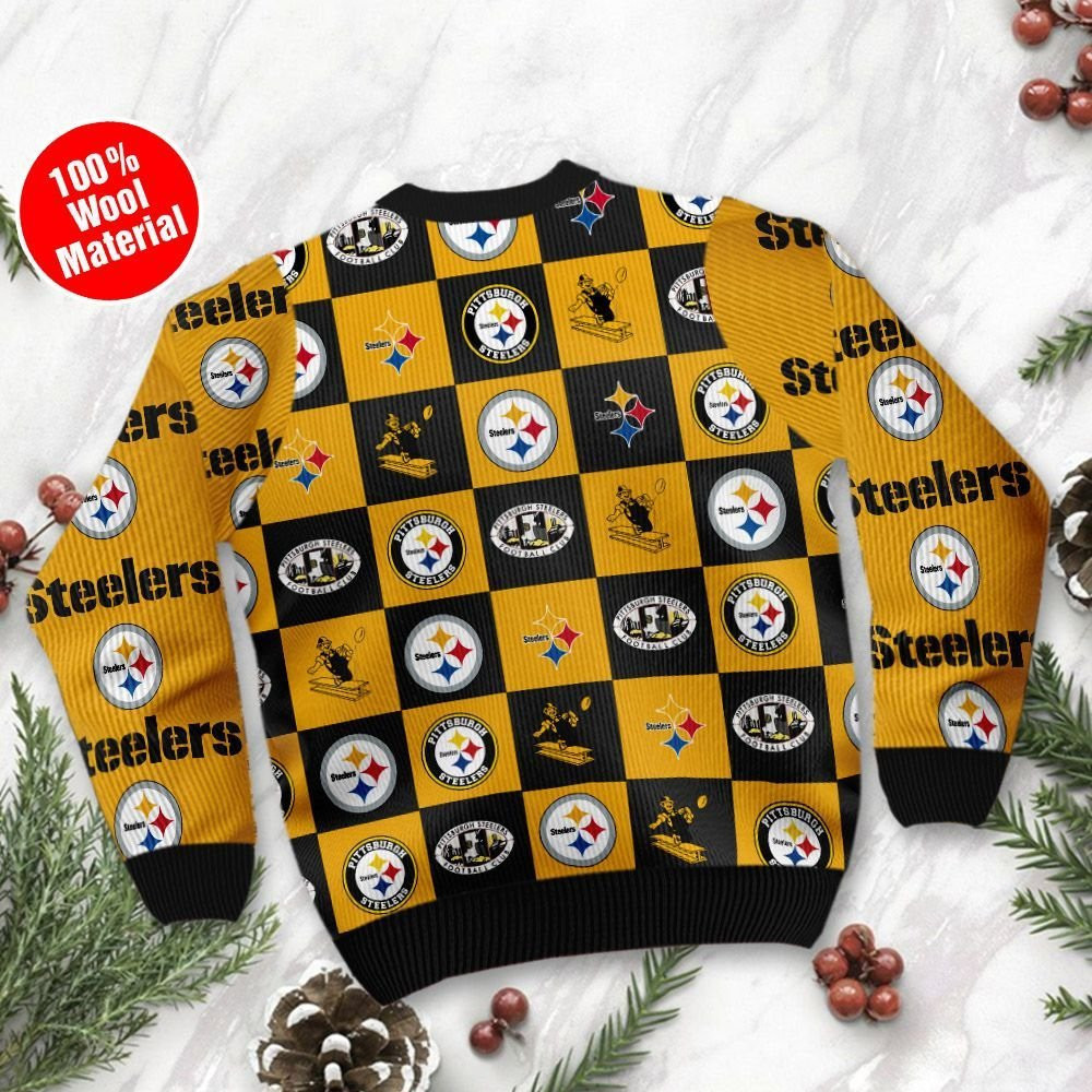 Pittsburgh Steelers Logo Checkered Flannel Ugly Christmas Sweater Adult 3D Funny Matching for family - Image 3