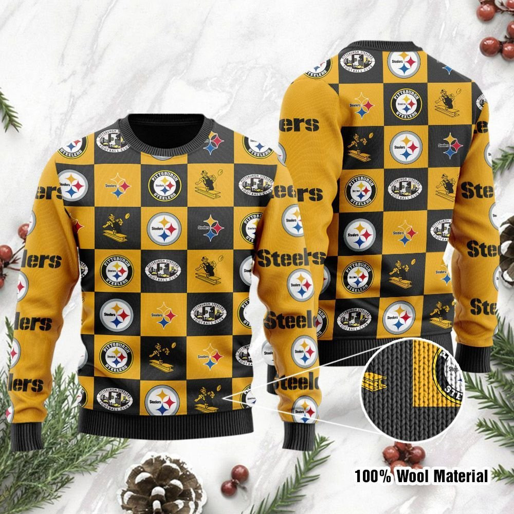 Pittsburgh Steelers Logo Checkered Flannel Ugly Christmas Sweater Adult 3D Funny Matching for family