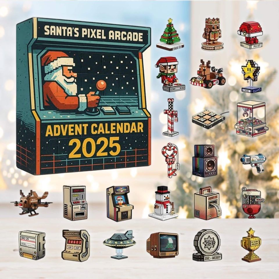 Pixel Arcade Advent Calendar 2025, 24 Retro Gaming Ornaments, Christmas Countdown Gift, Gamer Decor, Vintage Xmas Toy Set