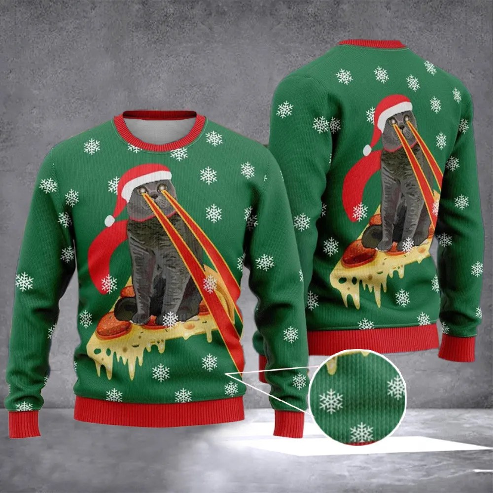 Pizza Cat With Laser Eyes Christmas Sweater Drax Christmas Sweater For Men Women