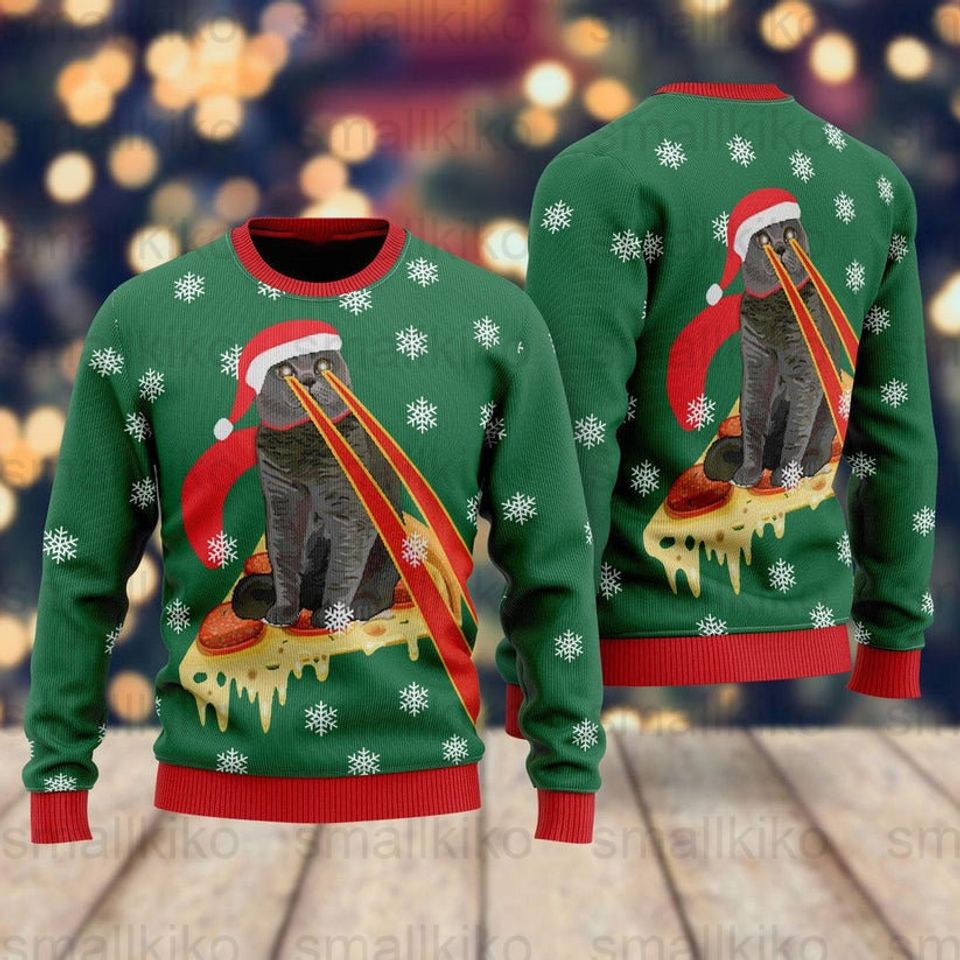 Pizza Cat With Laser Eyes Christmas Ugly Sweater
