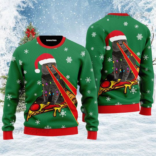 Pizza Cat With Laser Eyes Christmas Ugly Sweater, Drax Pizza Cat With Laser Eyes - Image 2