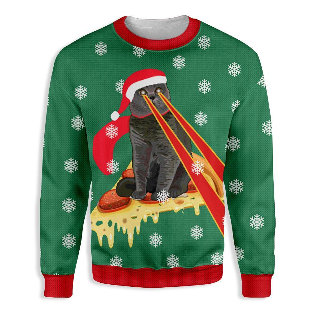 Pizza Cat With Laser Eyes Ugly Christmas Sweater Adult 3D Funny Matching for family