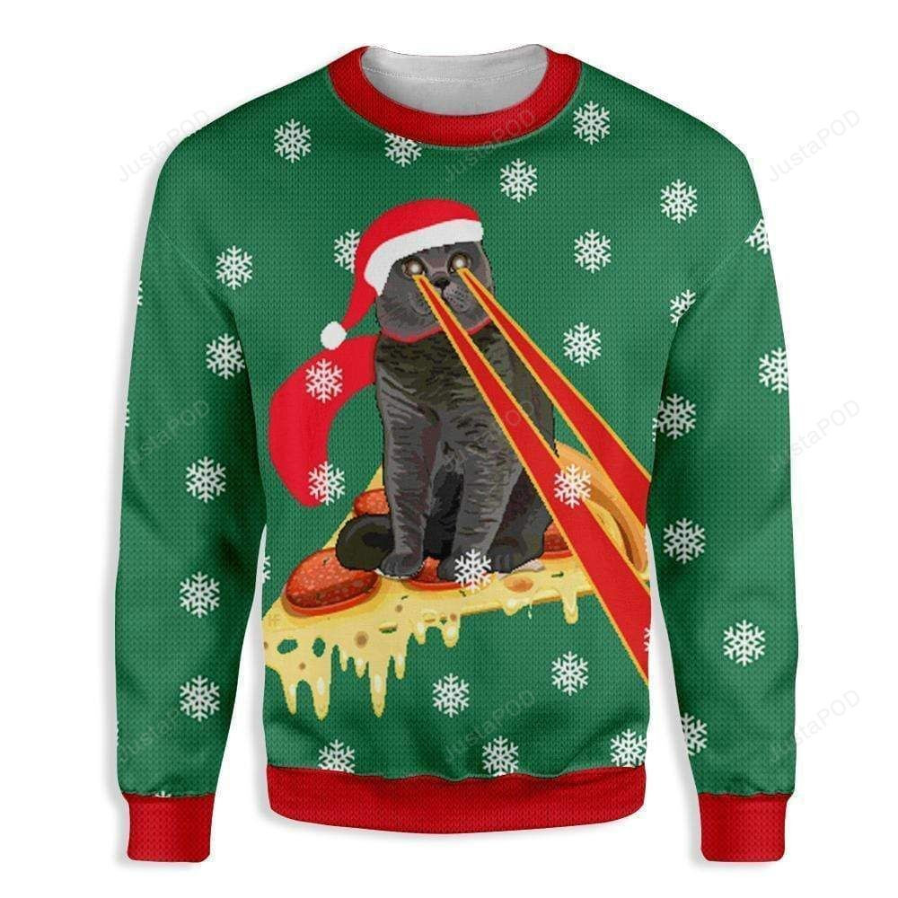 Pizza Cat With Laser Eyes Ugly Christmas Sweater Adult 3D Funny Matching for family