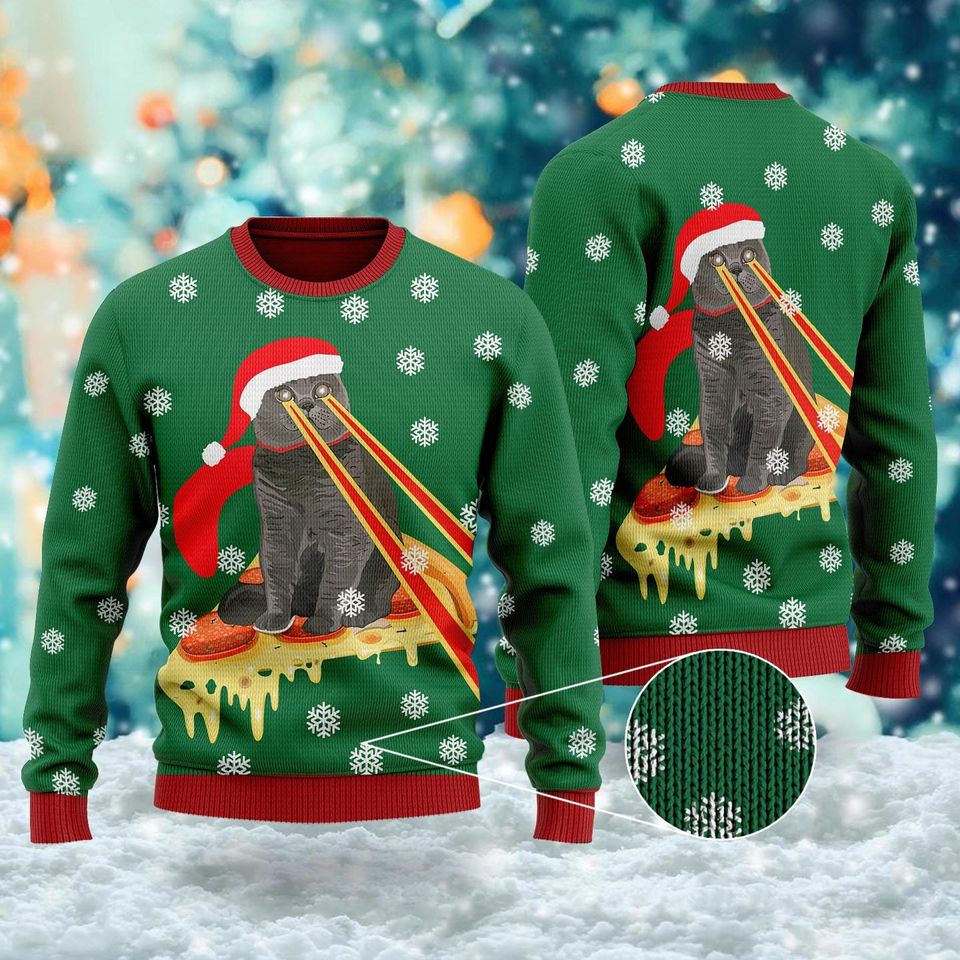 Pizza Cat With Laser Eyes Ugly Christmas Sweater, Christmas Gift For Men Women Kid