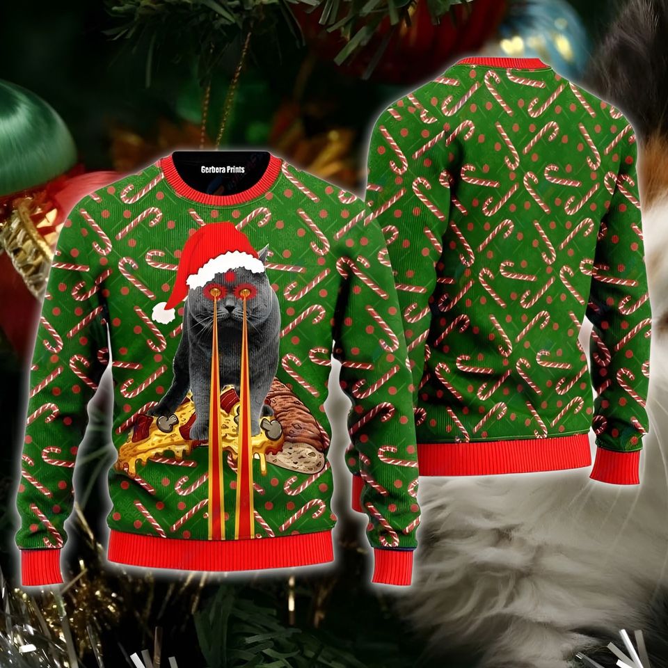 Pizza Cat With Laser Eyes Ugly Christmas Sweater, Meme Cat Sweater