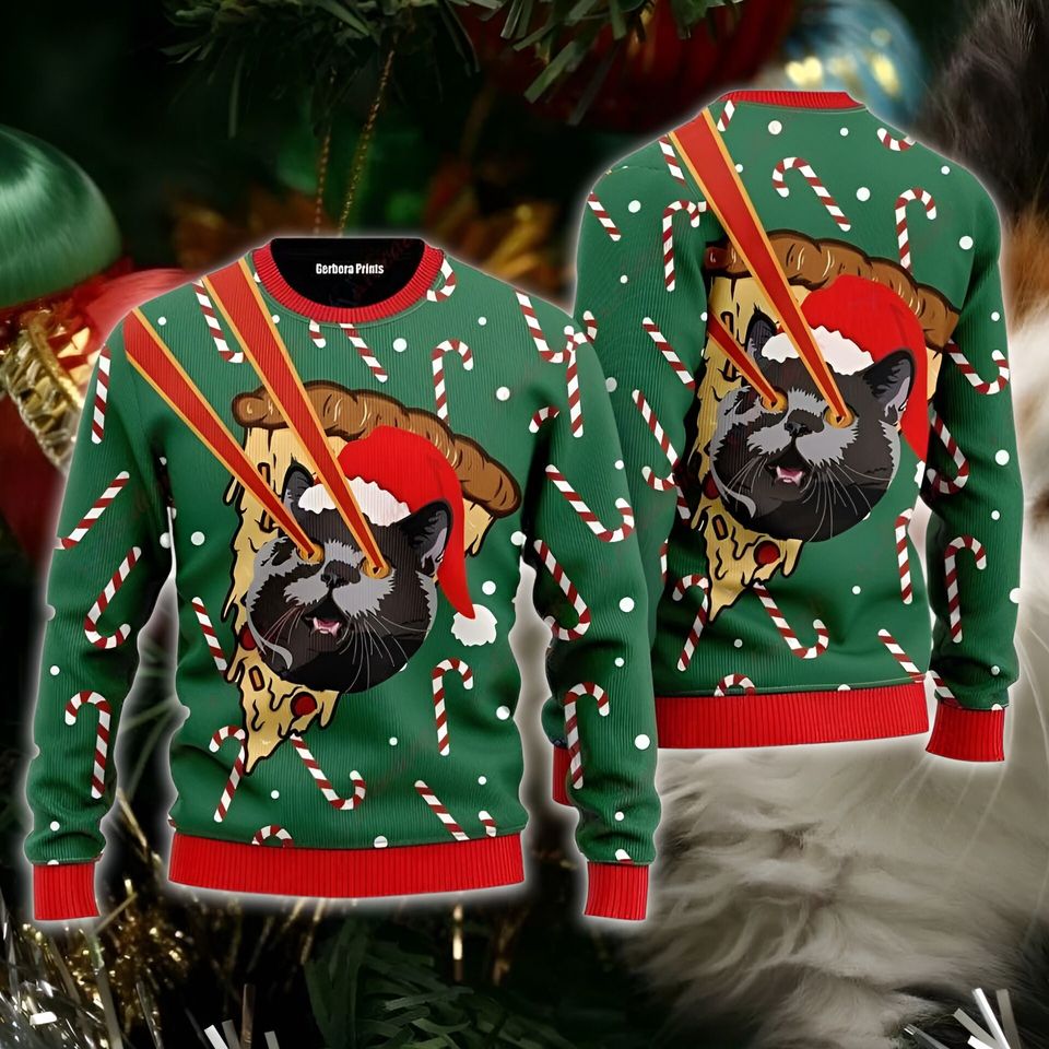 Pizza Cat With Laser Eyes Ugly Christmas Sweater, Meme Cat Sweater