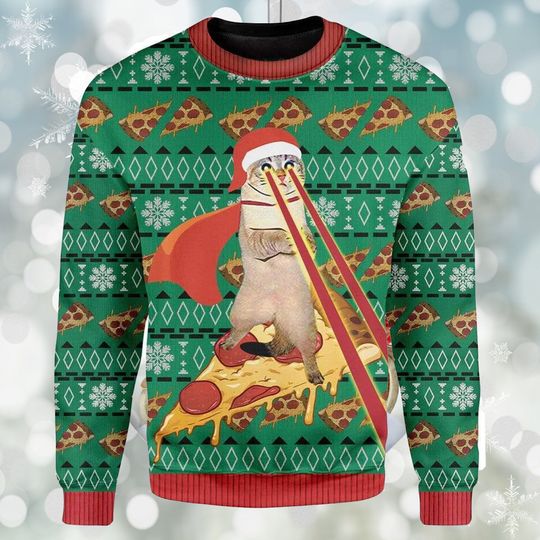 Pizza Cat With Laser Eyes Ugly Christmas Sweater, Xmas Sweatshirt, Christmas Gift - Image 5