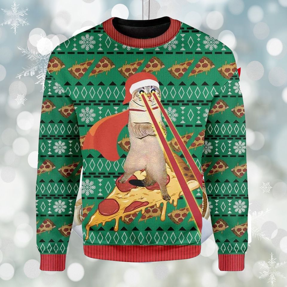 Pizza Cat With Laser Eyes Ugly Christmas Sweater, Xmas Sweatshirt, Christmas Gift