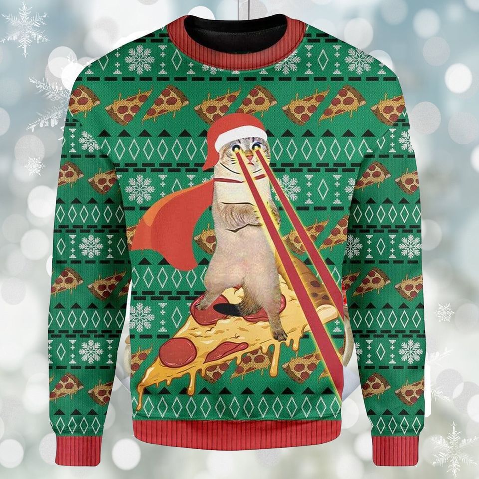 Pizza Cat With Laser Eyes Ugly Christmas Sweater, Xmas Sweatshirt, Christmas Gift - Image 2