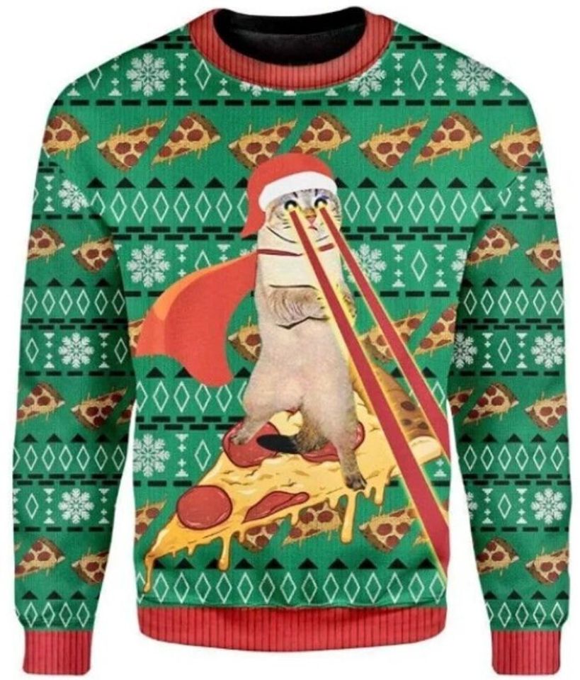 Pizza Cat With Laser Eyes Ugly Christmas Sweaters