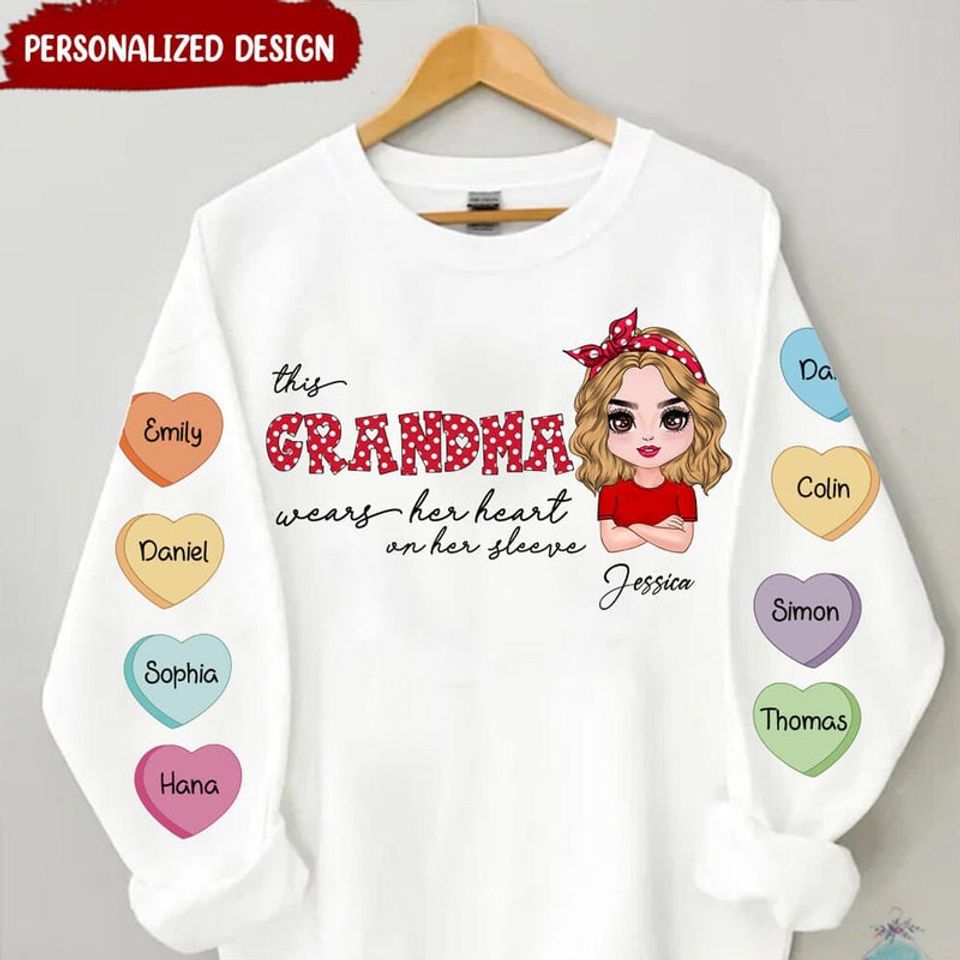 Polka dot pattern Grandma with her heart kids name on her sleeve personalized 3d sweater - Gift for Grandma Nana
