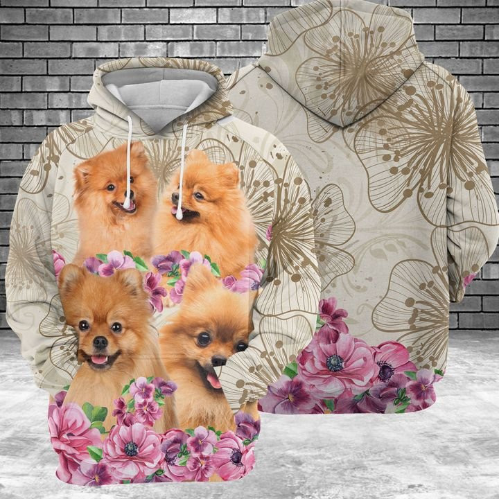 Pomeranian Flower 3D All Over Print Hoodie, Zip Hoodie