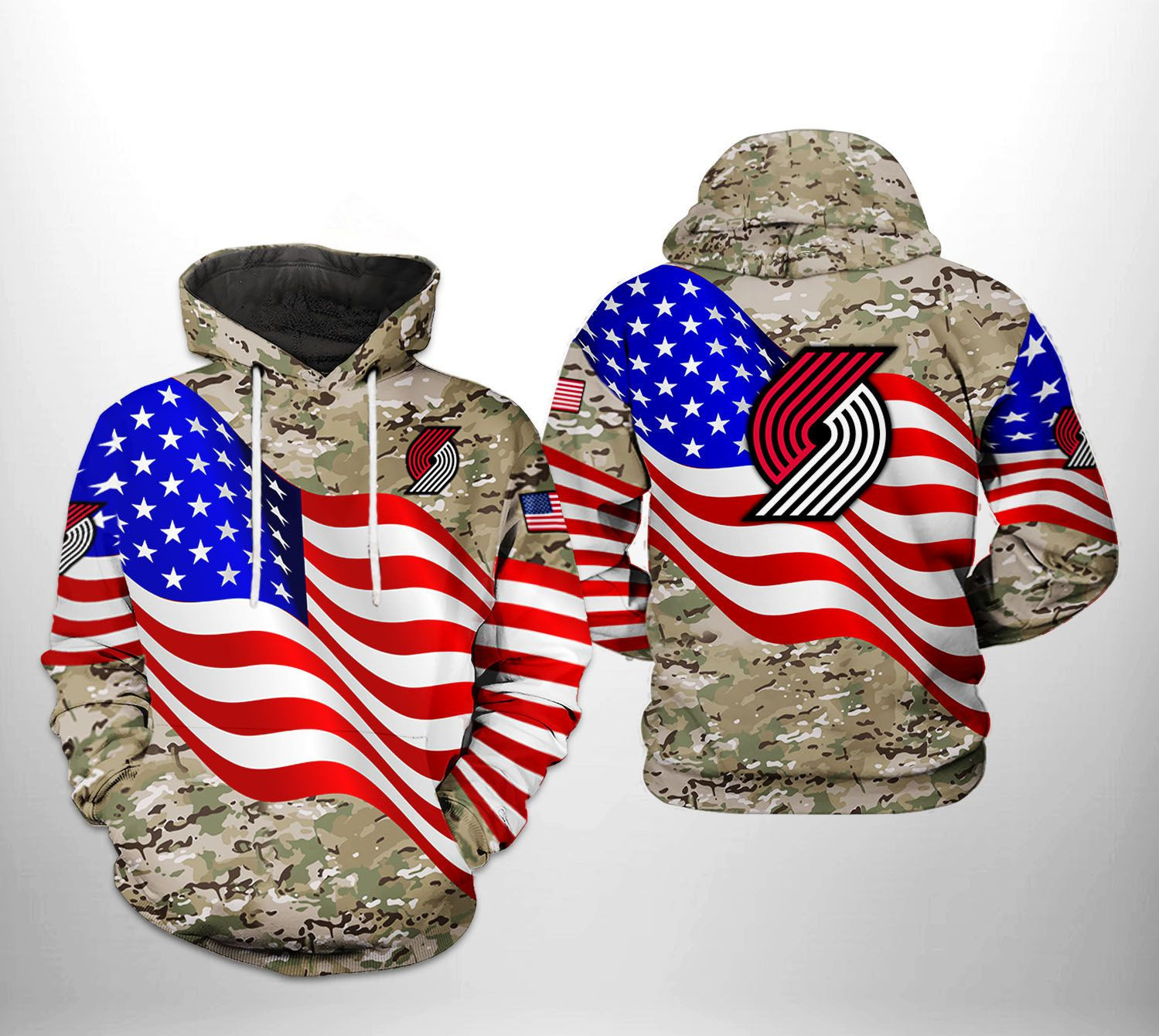 Portland Trailblazers NBA US Flag Camo Veteran Team 3D All Over Print Hoodie, Zip Hoodie