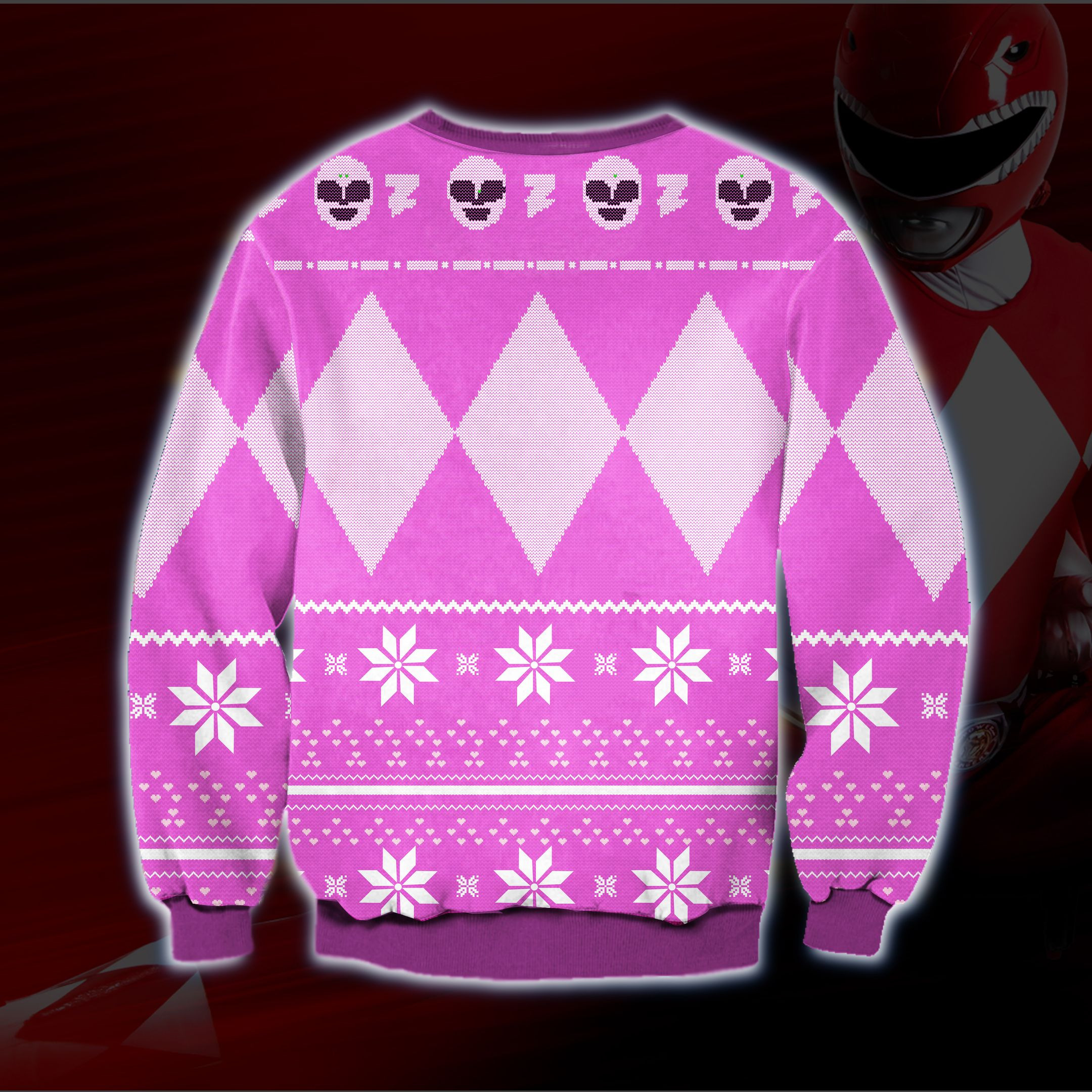 Power Rangers Knitting Pattern 3D Pink Print Ugly Christmas Sweater Adult 3D Funny Matching for family - Image 2